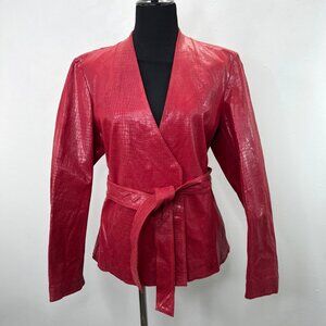 Vintage Metro Style Red Leather Jacket 16 Women Belted Wrap Reptile Embossed NWT